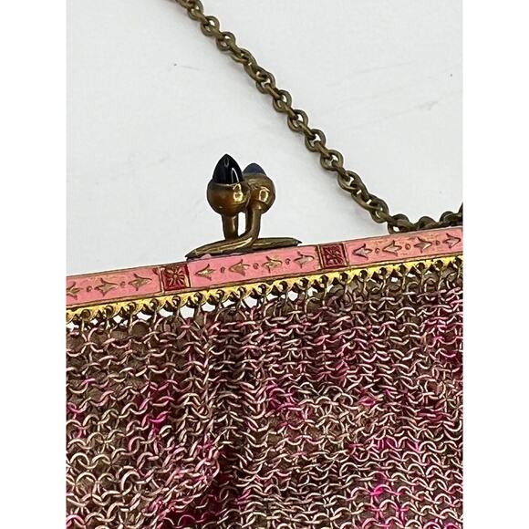 Antique Ornate German Enamel Mesh Coin Purse Bag Pink Repousse Frame Lining good - Picture 4 of 16